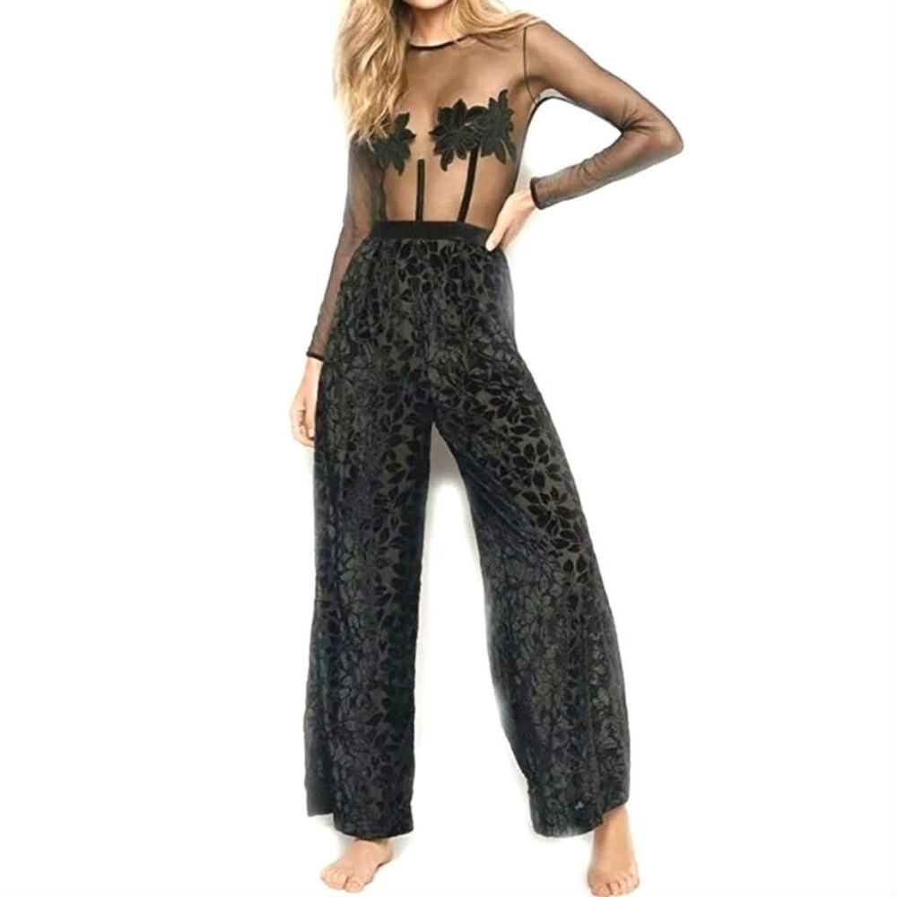 Victoria's Secret Jumpsuit Women's Size XS Black Sheer Velvet Wide Leg Romantic